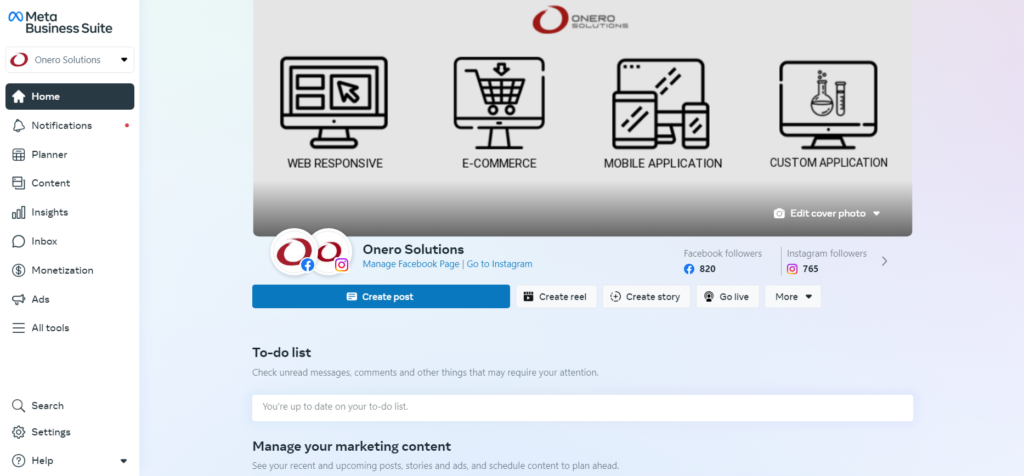 Tampilan Meta Business Suite Akun Onero Solutions
