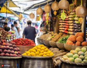 Suasana Pasar Indonesia penuh warna dan kehidupan, dengan produk segar, rempah-rempah, dan kerajinan tangan.