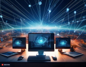 photo of computers with connection network